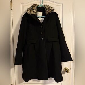 Kate Spade Black Pea Coat Detachable Leopard Faux Fur Collar Size 14 Preppy Chic